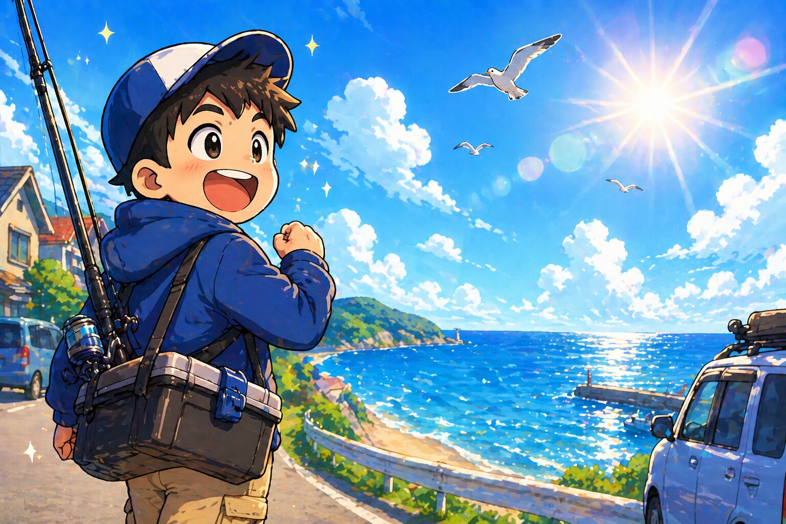 釣りに行く日の朝にワクワクしながら海に向かう人のイラスト