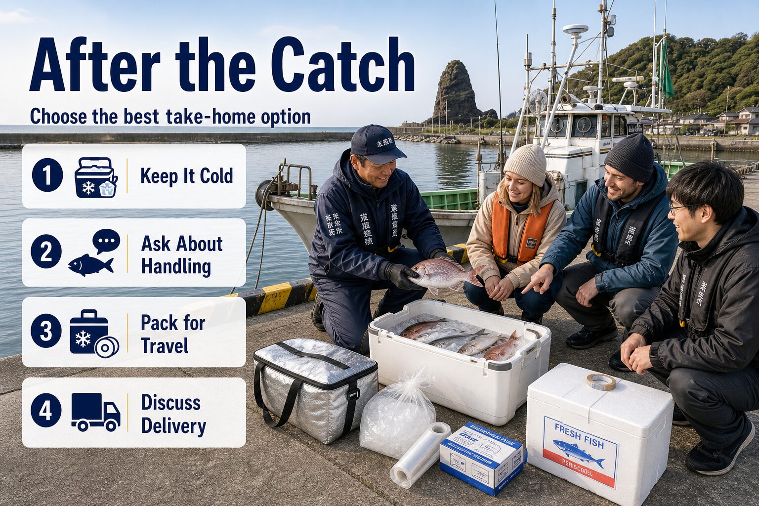 Fresh fish take-home support after a private fishing charter in Niigata