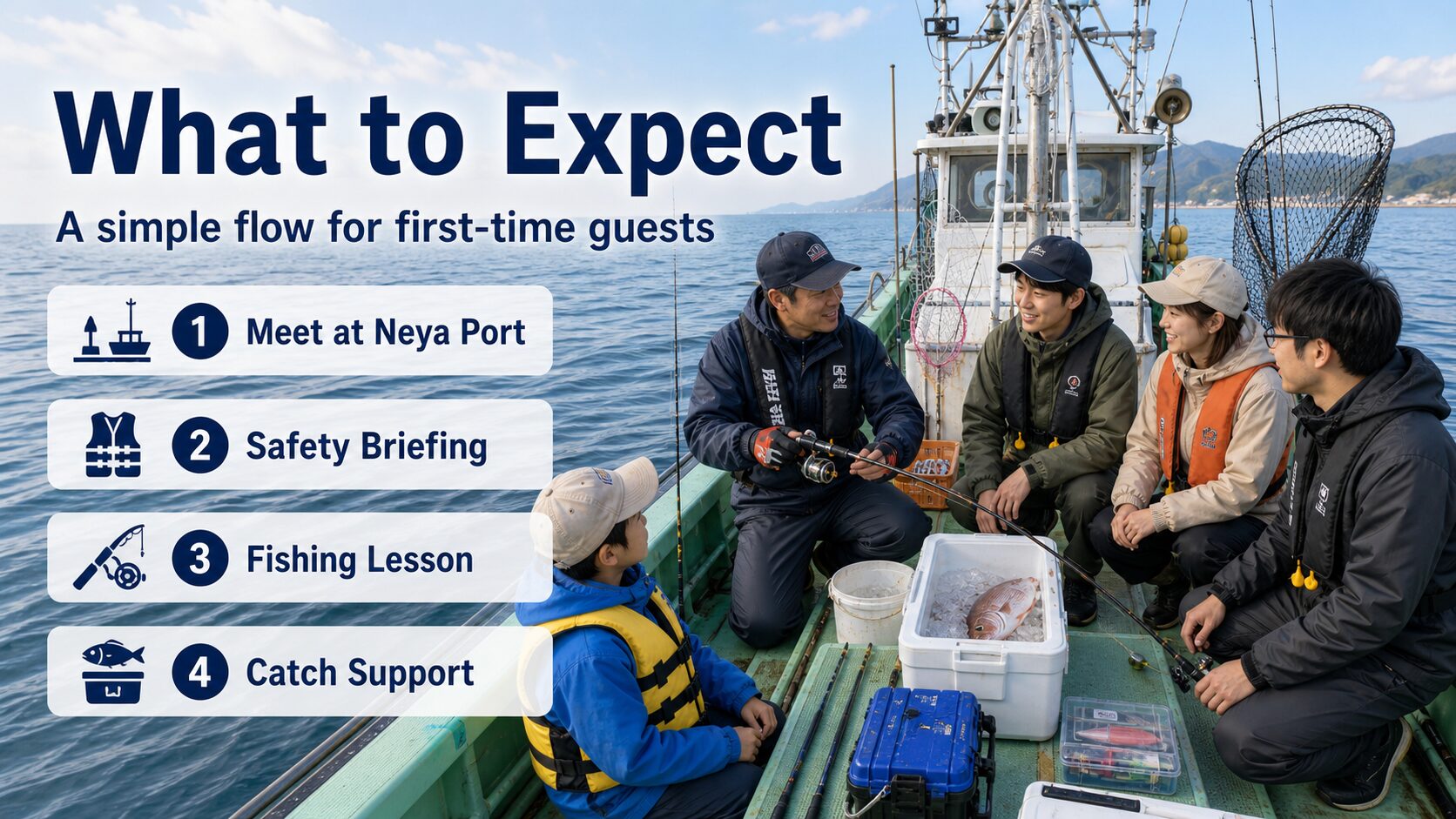 First-time guests learning the flow of a Niigata fishing charter with safety briefing and catch support